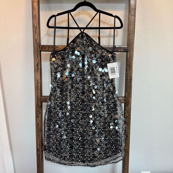 NWT Avec Les Filles Black Silver Embellished Sequin Halter Dress - Picture 4 of 7